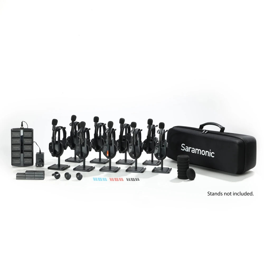WiTALK9-9S 9-person wireless intercom system full kit layout with nine single-ear headsets, battery charging dock, spare batteries, ID labels, foam windscreens and hard carry case, Saramonic