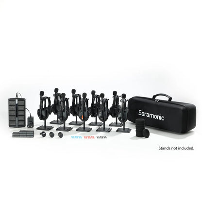 WiTALK9-9S 9-person wireless intercom system full kit layout with nine single-ear headsets, battery charging dock, spare batteries, ID labels, foam windscreens and hard carry case, Saramonic