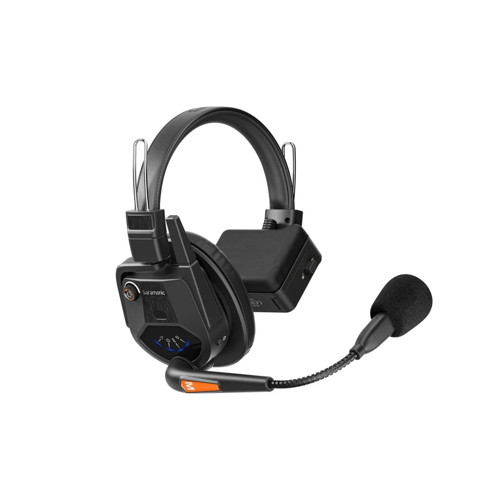 WiTALK9 master headset three-quarter front view with orange-marked boom mic and blue volume and power control ring, Saramonic