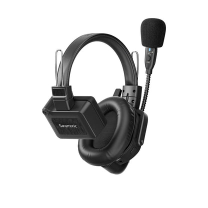 WiTALK9 intercom headset rear three-quarter view showing branded battery pack, padded ear cushion and LINK button, Saramonic