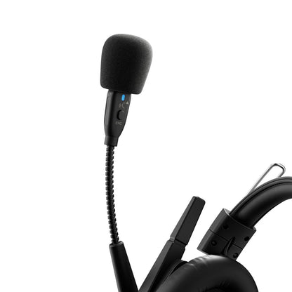 WiTALK9 headset boom microphone close-up with foam windscreen, blue LED indicator and ENC noise-cancelling button, Saramonic