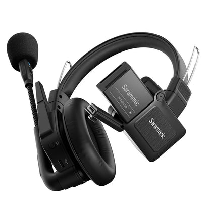 WiTALK9 headset top-down view with WiTalk9 BP battery pack detached from the earcup mount beside USB-C port and power button, Saramonic