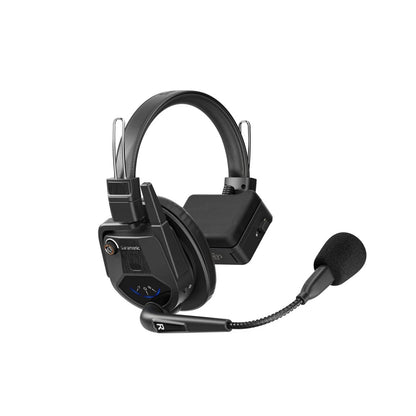 WiTALK9 remote headset three-quarter view with R-marked boom arm and blue backlit control panel, Saramonic