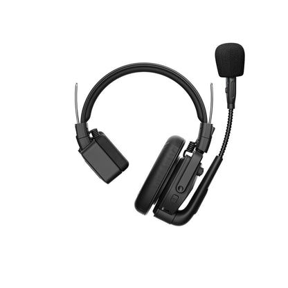 WiTALK9 intercom headset top view showing folded boom mic, single earcup and rear-mounted battery module, Saramonic