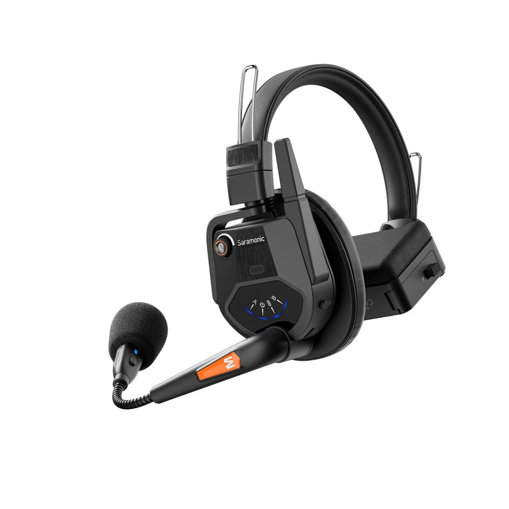 WiTALK9 master headset angled view with boom mic swung forward and orange M identifier tab on the arm, Saramonic
