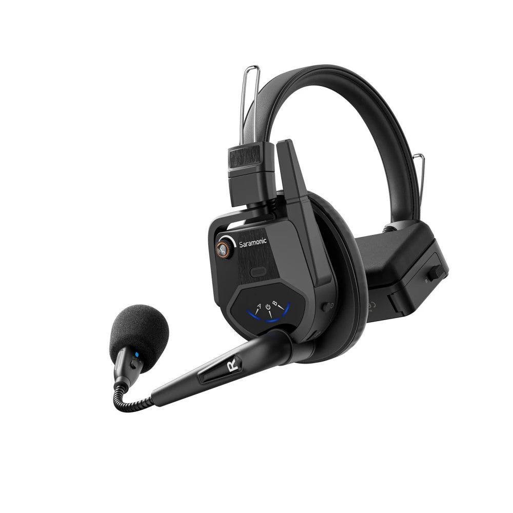 WiTALK9 remote headset angled view with R identifier on boom arm and headband slider adjustment, Saramonic