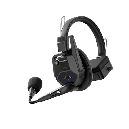 WiTALK9 remote headset angled view with R identifier on boom arm and headband slider adjustment, Saramonic