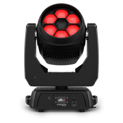 Intimidator Trio XD moving head front view with six red-lit LED lenses and base control display, Chauvet DJ
