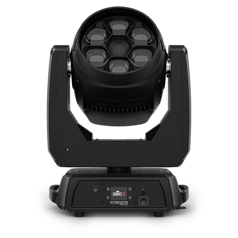Intimidator Trio XD front view powered off showing six clear zoom lenses in hex array, Chauvet DJ