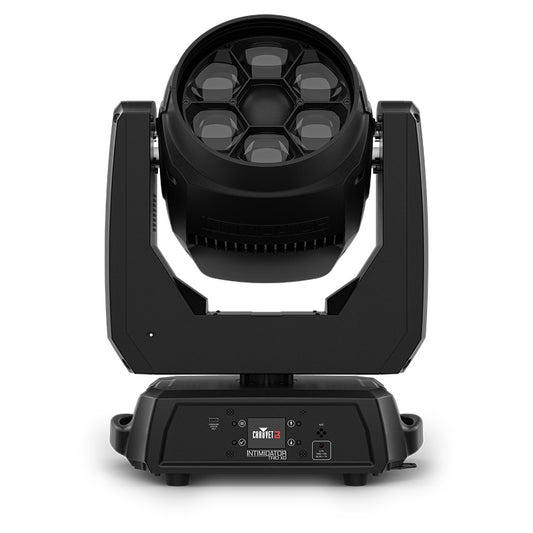 Intimidator Trio XD front view powered off showing six clear zoom lenses in hex array, Chauvet DJ