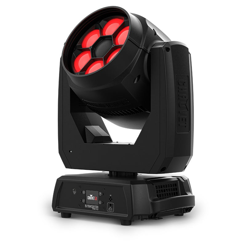 Intimidator Trio XD left three-quarter view showing yoke arms and embossed Chauvet branding, Chauvet DJ