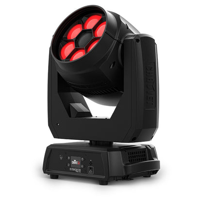 Intimidator Trio XD left three-quarter view showing yoke arms and embossed Chauvet branding, Chauvet DJ