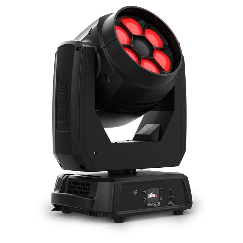 Intimidator Trio XD right three-quarter view with red LEDs lit and base vent grille visible, Chauvet DJ
