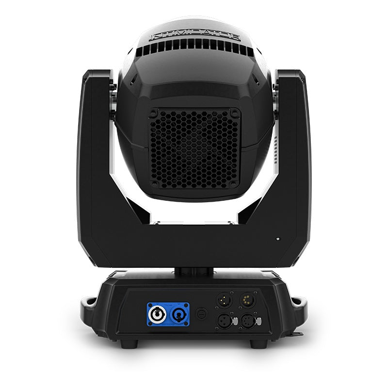 Intimidator Trio XD rear view showing honeycomb fan grille and base panel with powerCON in/out and 3- and 5-pin DMX connectors, Chauvet DJ