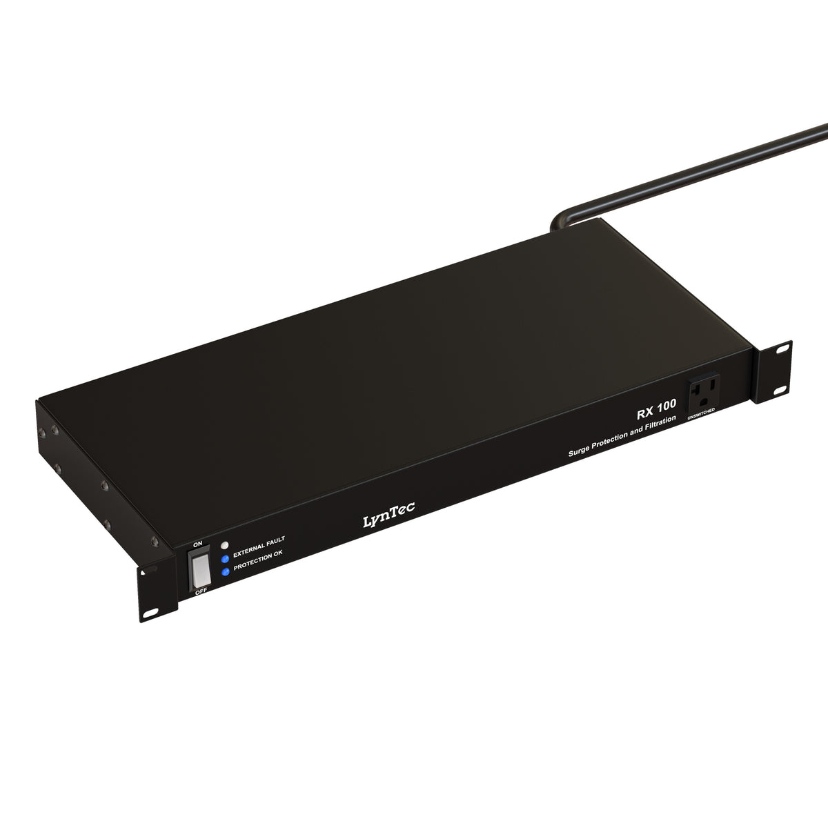 RX10020A Rx Series 1U power conditioner angled hero view showing ON/OFF rocker, External Fault and Protection OK LEDs, Lyntec