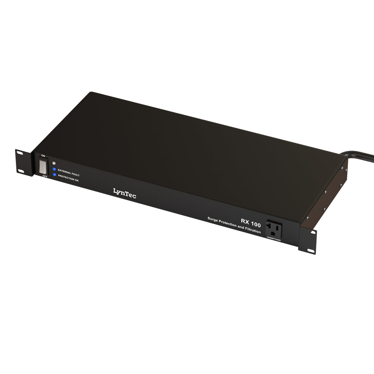 RX10020A 1U rack power conditioner front three-quarter view with rack ears and unswitched front outlet, Lyntec