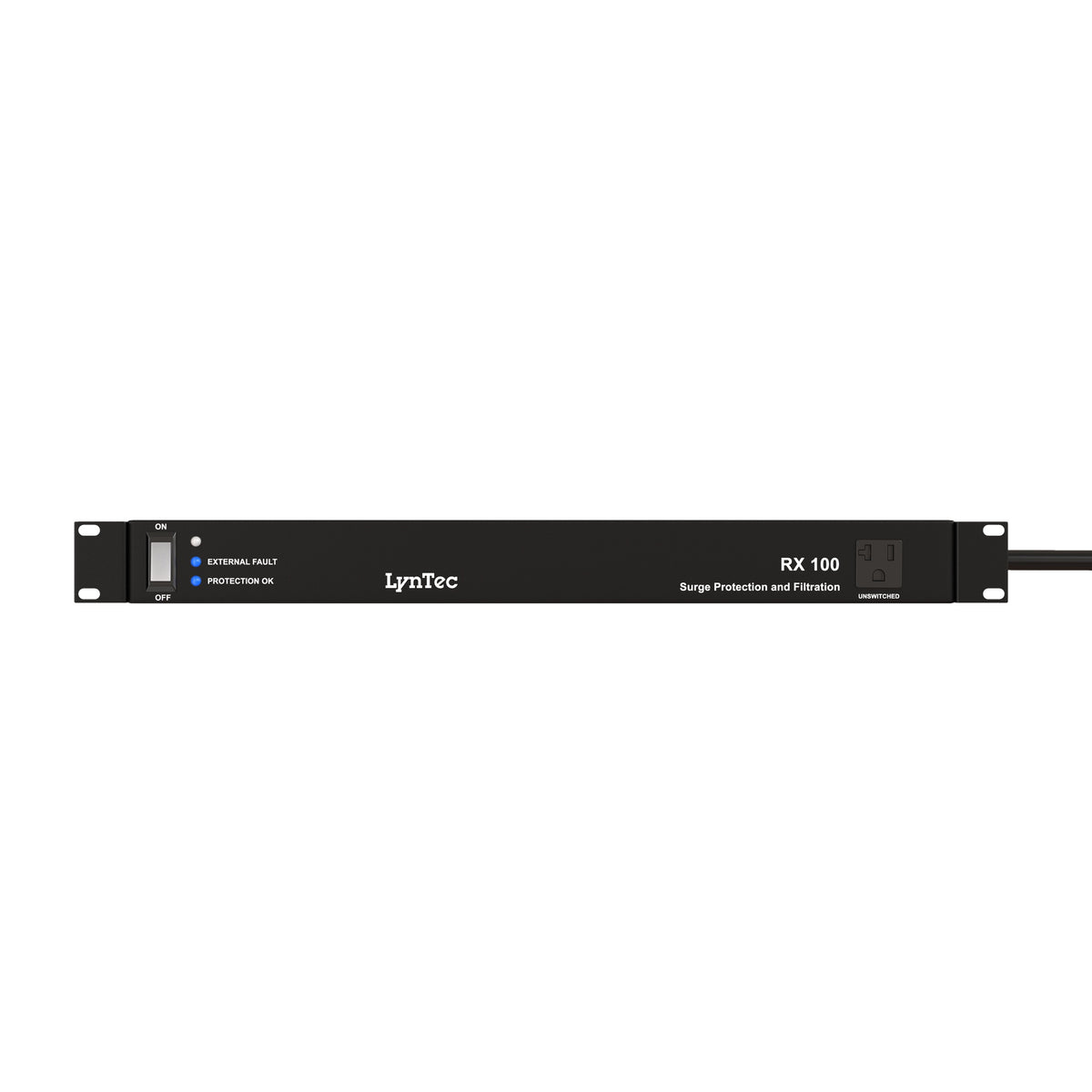 RX10020A straight-on front panel view with Surge Protection and Filtration labeling and status LEDs, Lyntec