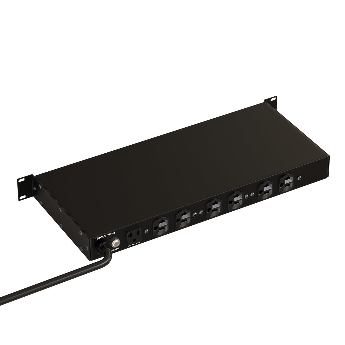 RX10020A rear three-quarter view with six NEMA outlets, 15A breaker and hardwired 120VAC cord, Lyntec
