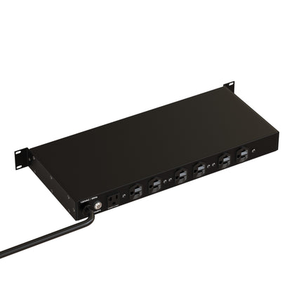 RX10020A rear three-quarter view with six NEMA outlets, 15A breaker and hardwired 120VAC cord, Lyntec
