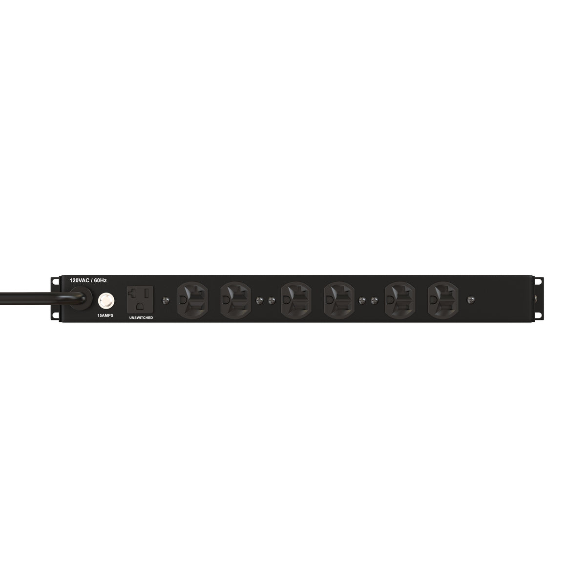 RX10020A rear panel straight-on showing six switched outlets, unswitched outlet and 15AMPS reset button, Lyntec