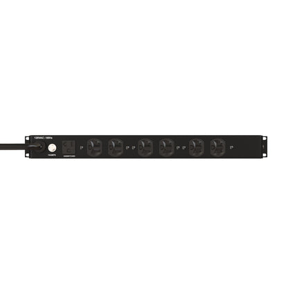 RX10020A rear panel straight-on showing six switched outlets, unswitched outlet and 15AMPS reset button, Lyntec