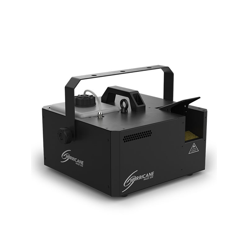 Hurricane Haze 2DX haze machine right three-quarter view showing hanging bracket, fluid tank cap and side vent, Chauvet DJ