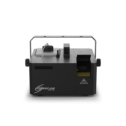Hurricane Haze 2DX front view with haze output grille, translucent fluid tank and adjustable yoke knobs, Chauvet DJ