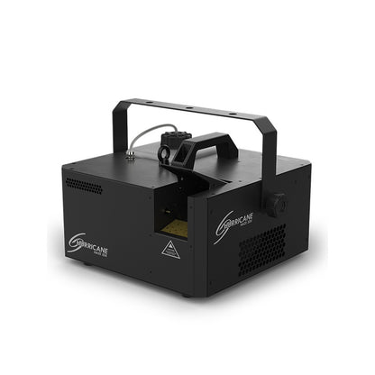 Hurricane Haze 2DX left three-quarter view showing honeycomb cooling vents and caution label near output, Chauvet DJ