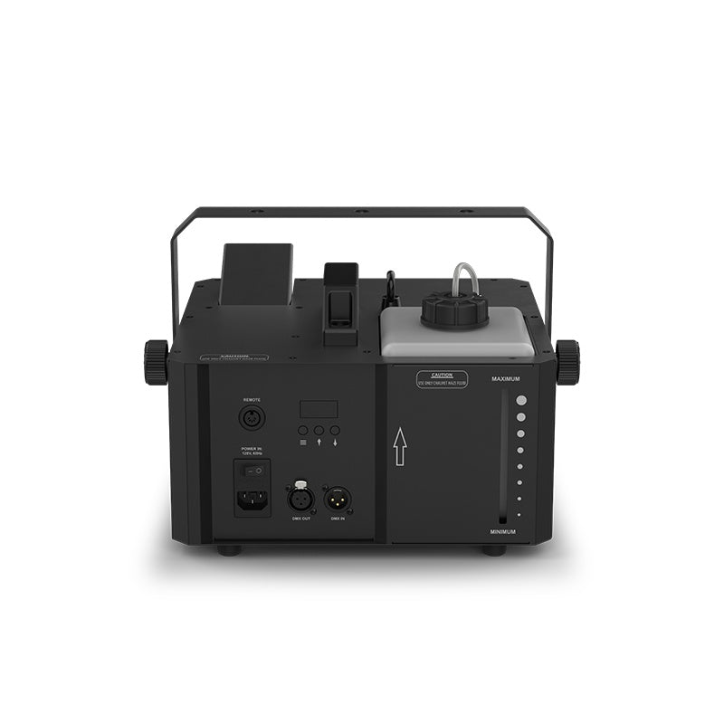 Hurricane Haze 2DX rear panel with LCD menu buttons, remote jack, DMX in/out XLRs and IEC power inlet, Chauvet DJ
