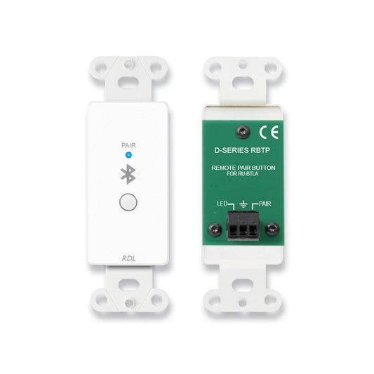 D-RBTP Decora-style Bluetooth pairing remote front and rear views showing PAIR button with blue LED and green circuit board with 3-pin removable terminal block, RDL
