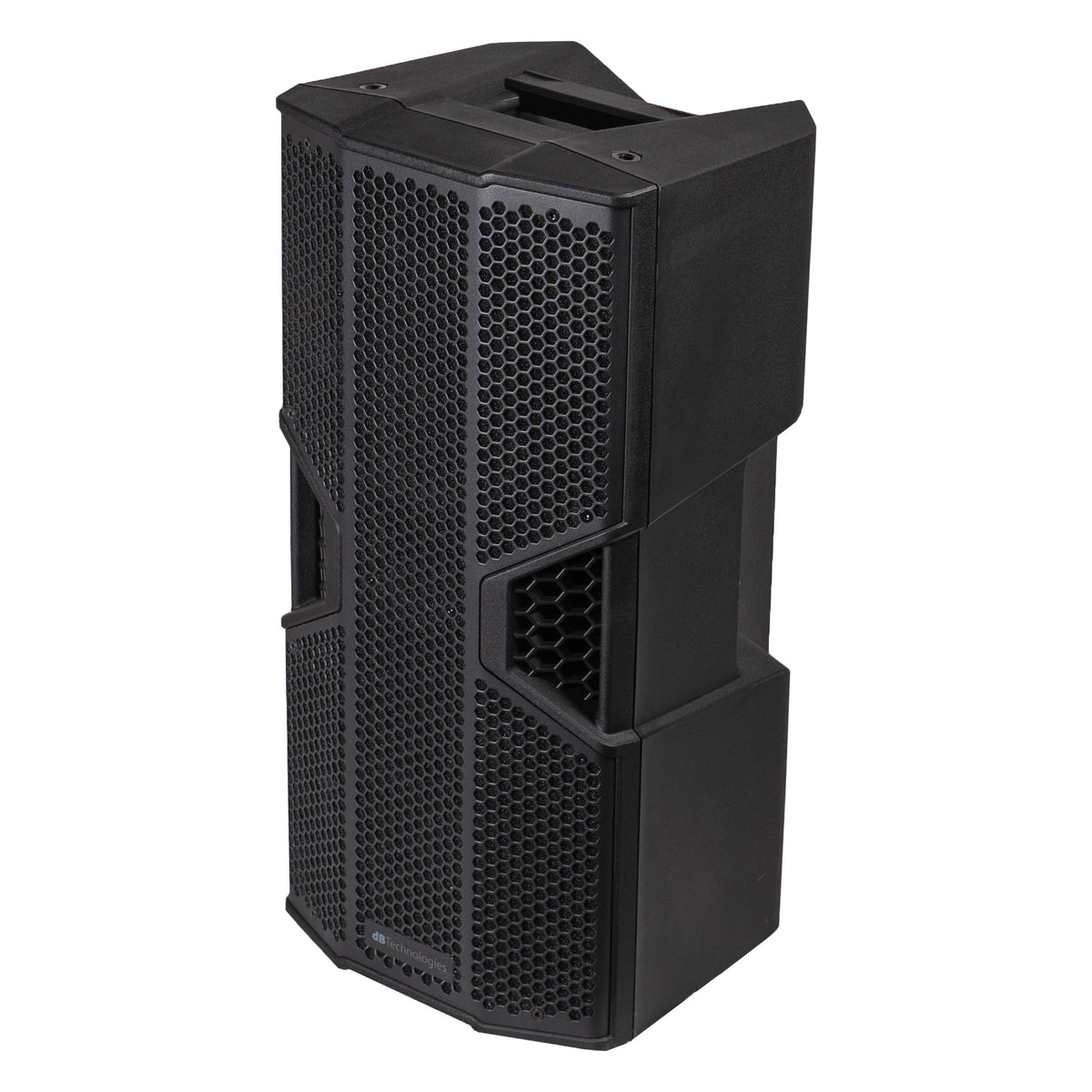 OPERA NONA210 elevated three-quarter left view showing molded top carry handle and cabinet edges, dBTechnologies