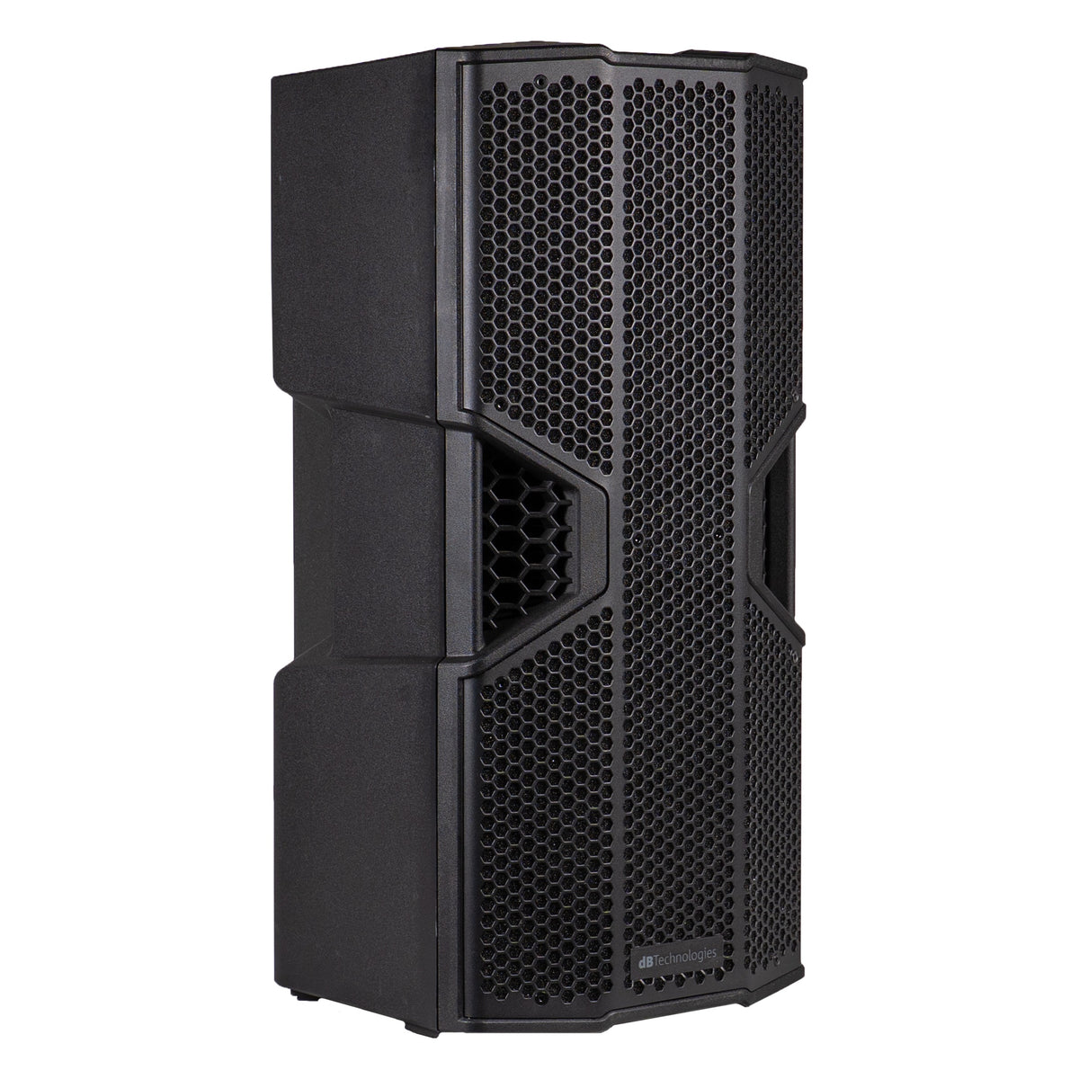 OPERA NONA210 three-quarter right view showing textured polypropylene enclosure and horn vent detail, dBTechnologies