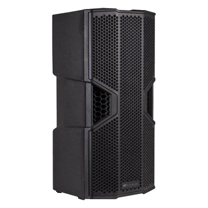 OPERA NONA210 three-quarter right view showing textured polypropylene enclosure and horn vent detail, dBTechnologies