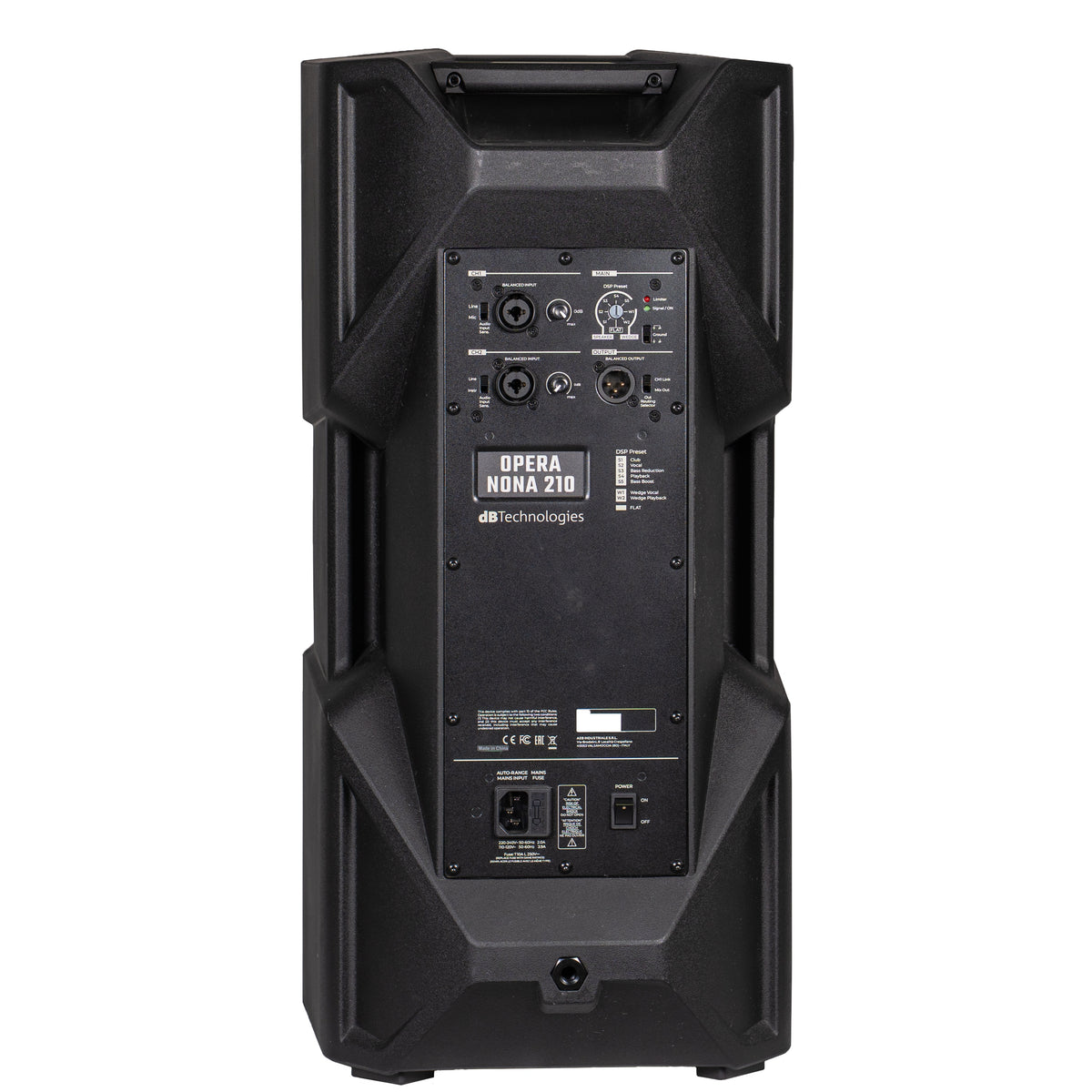 OPERA NONA210 rear amplifier panel with dual combo XLR inputs, link outputs, DSP preset controls and IEC power inlet, dBTechnologies