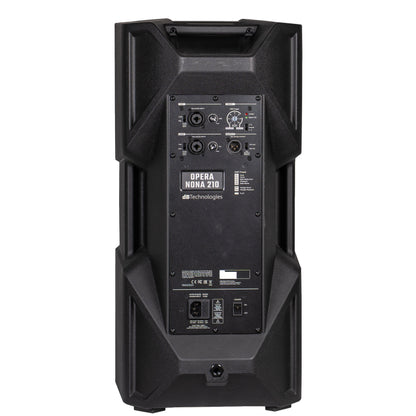 OPERA NONA210 rear amplifier panel with dual combo XLR inputs, link outputs, DSP preset controls and IEC power inlet, dBTechnologies