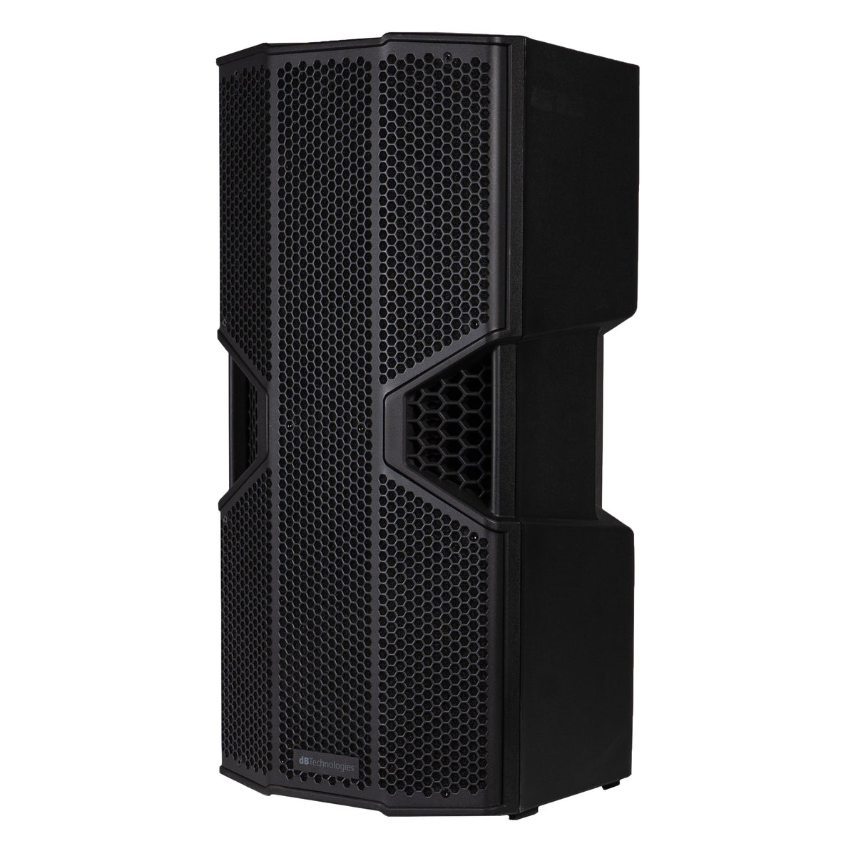 OPERA NONA212 active PA speaker three-quarter left view showing dual 12-inch steel grille and side handle, dBTechnologies