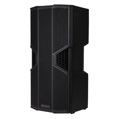 OPERA NONA212 active PA speaker three-quarter left view showing dual 12-inch steel grille and side handle, dBTechnologies
