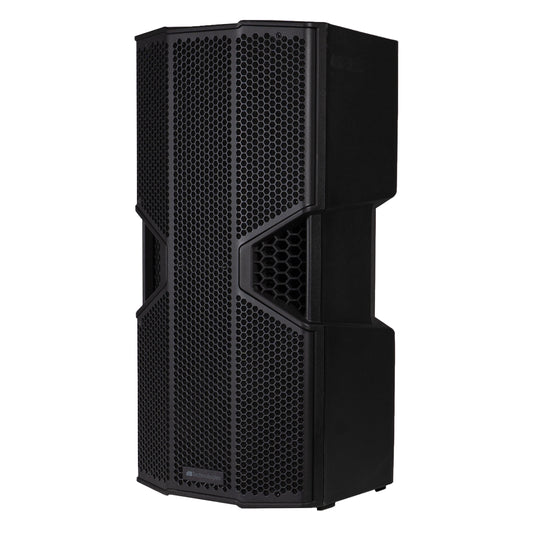 OPERA NONA212 active PA speaker three-quarter left view showing dual 12-inch steel grille and side handle, dBTechnologies