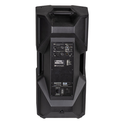 OPERA NONA212 rear amplifier panel with XLR inputs, gain and DSP preset controls, and powerCON mains connectors, dBTechnologies