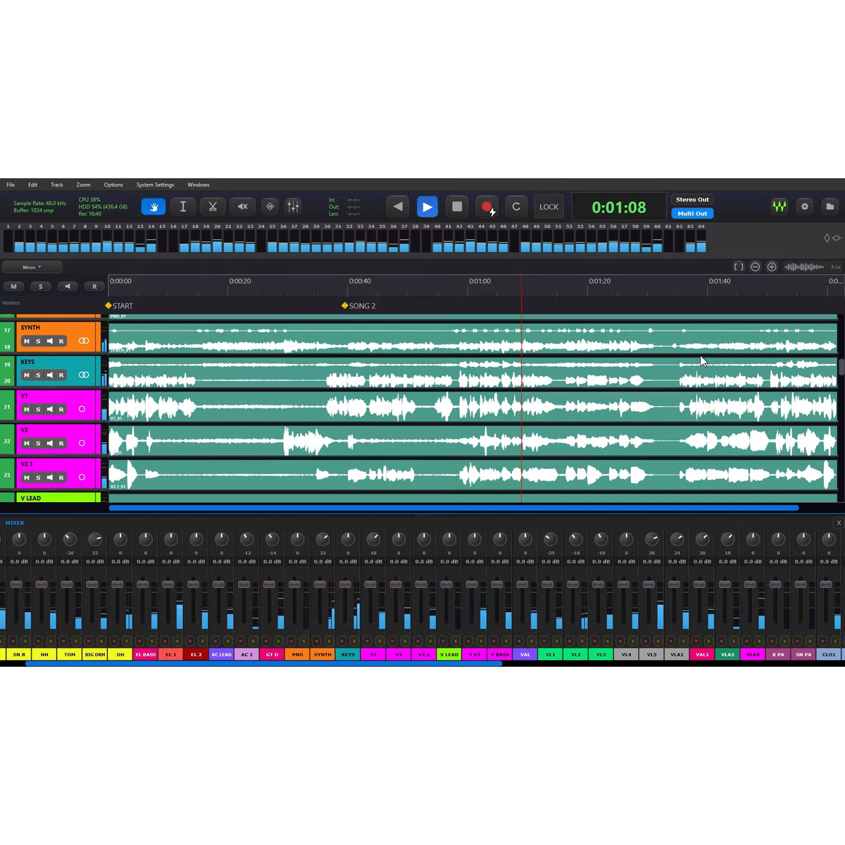 Tracks Live multitrack recording software main screen showing playback of teal waveform tracks with 64-channel meter bridge and mixer fader strips, Waves