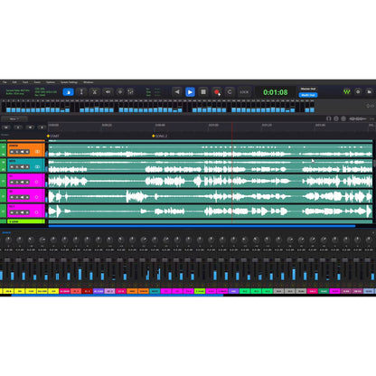 Tracks Live multitrack recording software main screen showing playback of teal waveform tracks with 64-channel meter bridge and mixer fader strips, Waves