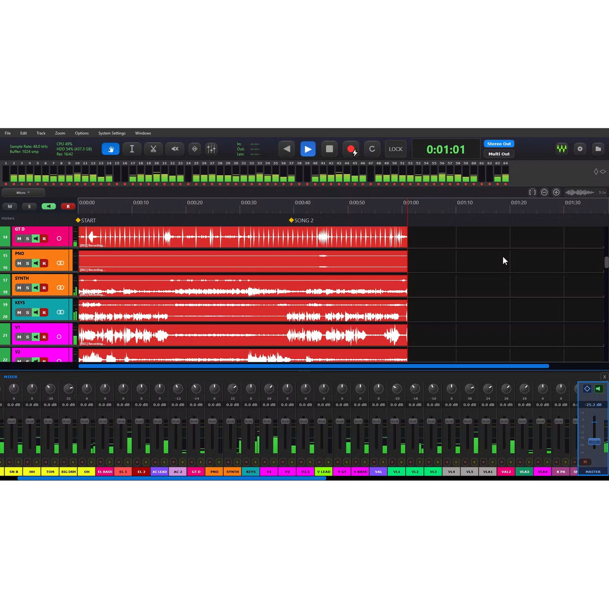 Tracks Live GUI in record mode with red arming waveforms across drum, piano and vocal tracks plus master fader at -25.2 dB, Waves