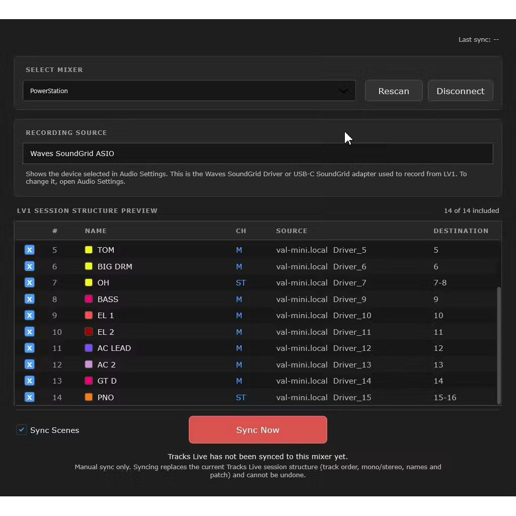 Tracks Live mixer sync page listing LV1 session structure preview with SoundGrid ASIO recording source and Sync Now button, Waves