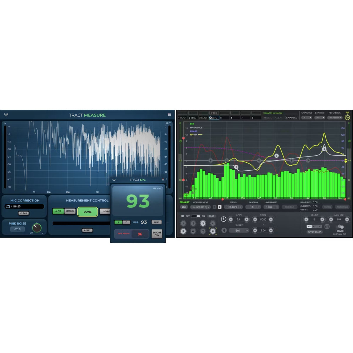 TRACT PA calibration plugin suite overview showing TRACT Measure, TRACT SPL meter at 93 dB and TRACT LinPhase FIR system EQ windows, Waves