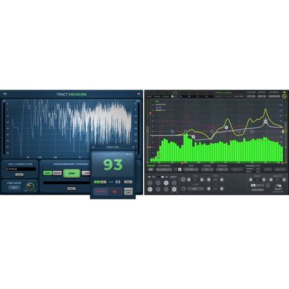 TRACT PA calibration plugin suite overview showing TRACT Measure, TRACT SPL meter at 93 dB and TRACT LinPhase FIR system EQ windows, Waves