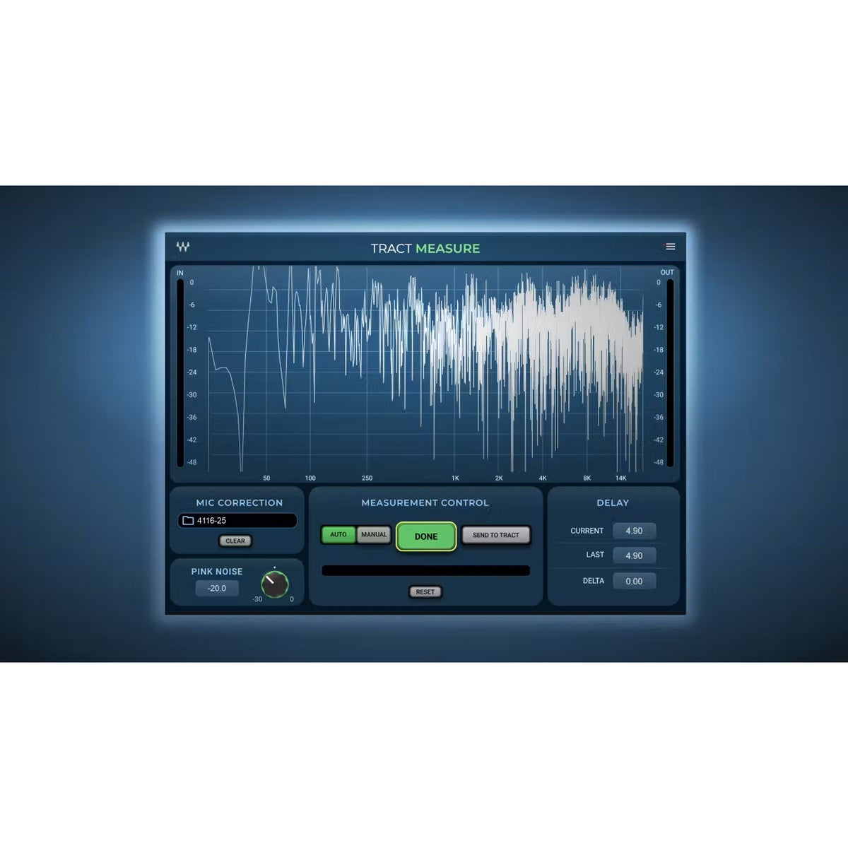 TRACT Measure plugin interface with impulse response display, mic correction file loaded and pink noise generator at -20.0, Waves