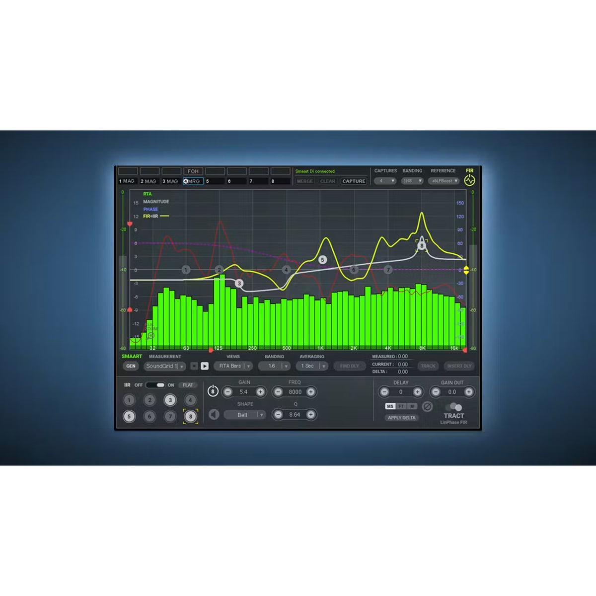TRACT LinPhase FIR plugin window showing green RTA bars, magnitude and phase traces with 8-band IIR EQ controls, Waves