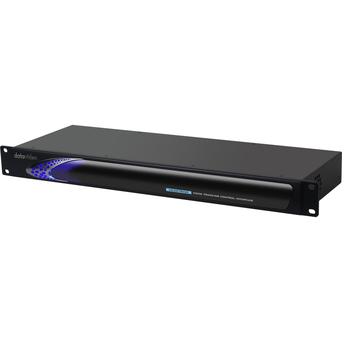 VoiceTRX 50 voice tracking camera switch controller angled front view showing blue LED vent pattern and 1RU rack ears, DataVideo