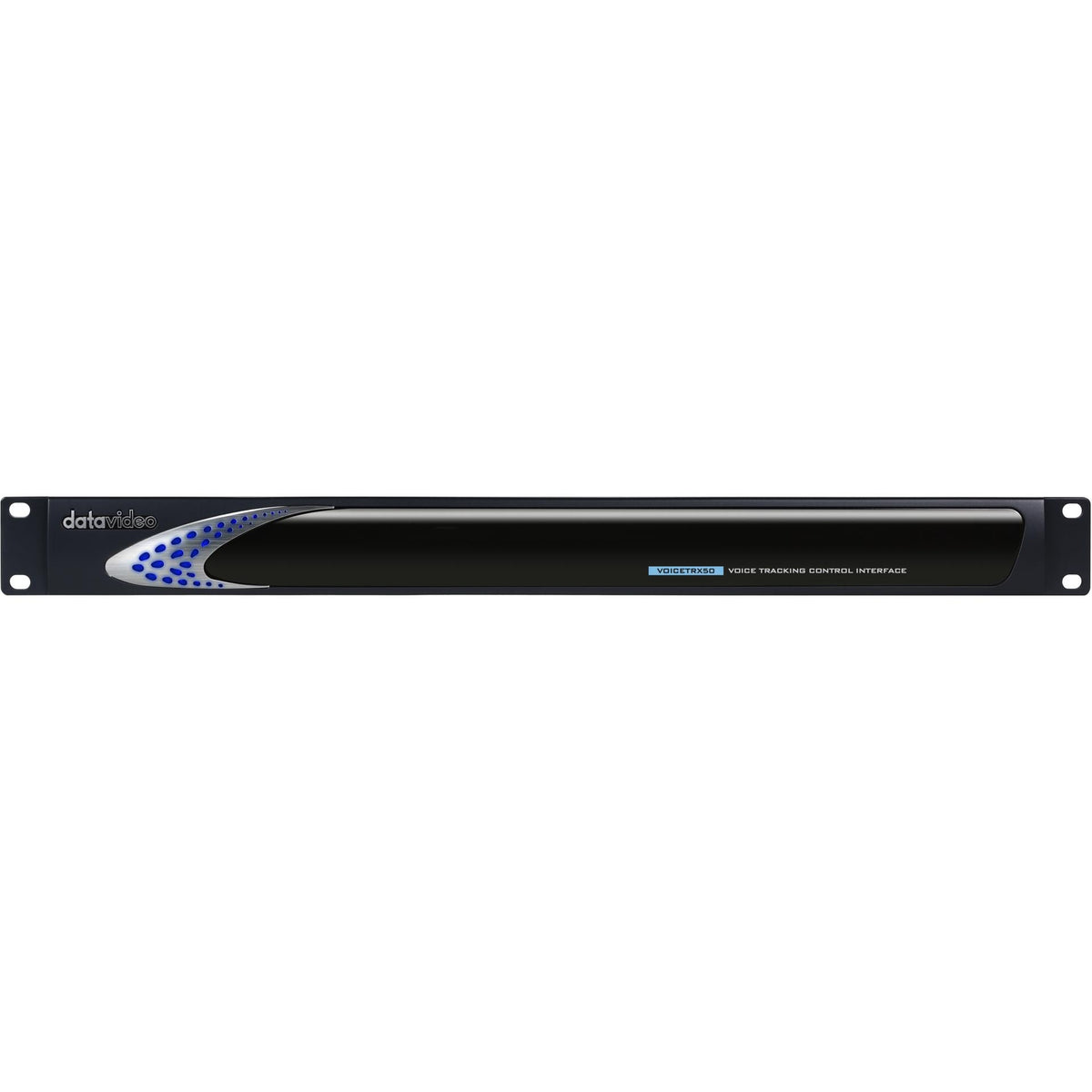 VoiceTRX 50 front panel straight-on view with Voice Tracking Control Interface badge and rack-mount ears, DataVideo