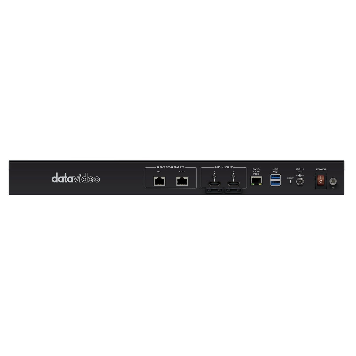VoiceTRX 50 rear panel with RS-232/RS-422 in and out, dual HDMI outputs, DVIP/LAN PoE, USB ports and 12V DC power switch, DataVideo